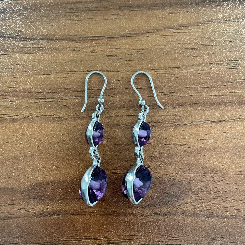 New Amethyst double gem stone drop Silver Earrings 💖 - Picture 3 of 10